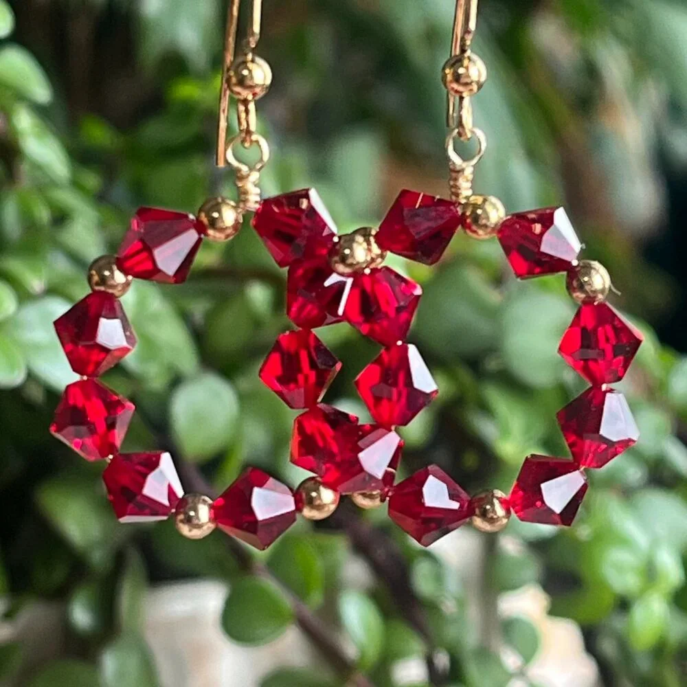 Swarovski Crystal Dangle Earrings| Red Crystal Hoop Earrings - Picture 2 of 9